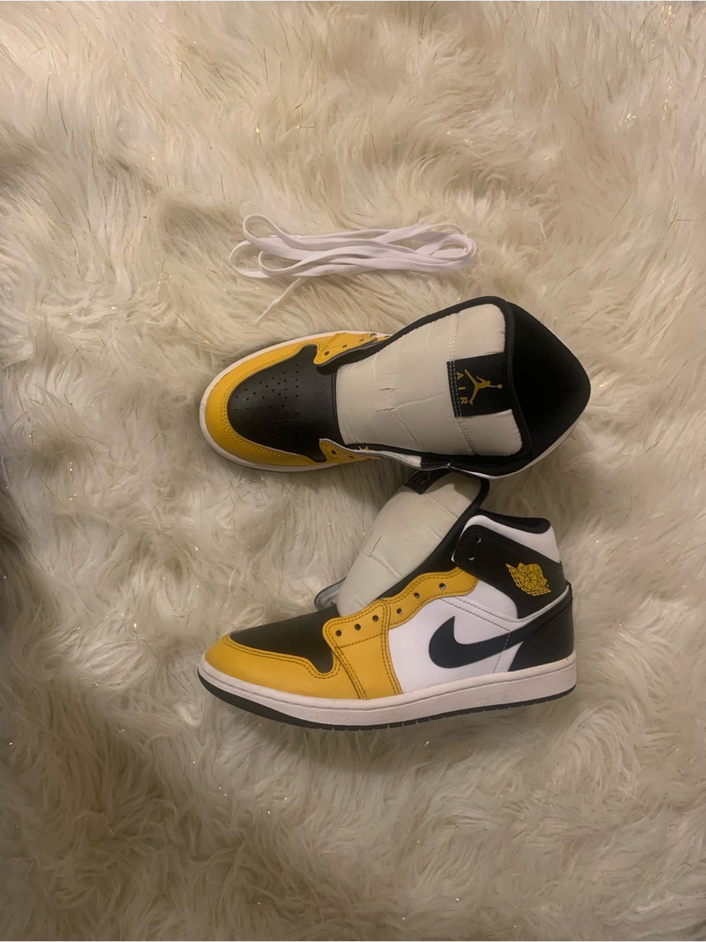 Jordan Men’s High-Top Sneakers in Yellow, Black & White